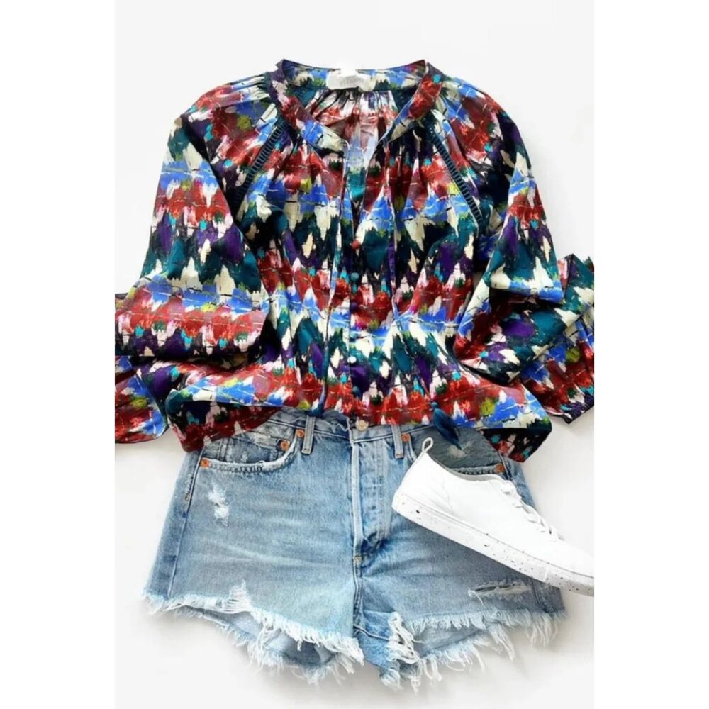 ALLISON NEW YORK Multi Zig Zag Print Brielle Boho Tassel Tie Peasant Top, Sz M